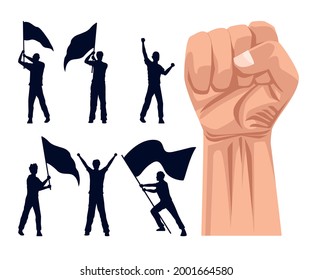 fist and fans silhouettes patriotics icons