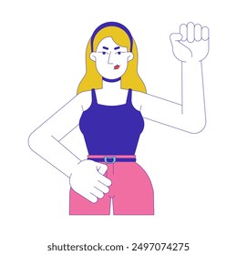 Fist up personaje de dibujos animados 2D femenino caucásico feminista. Mujer rubia en marcha de protesta aislada persona de Vector plano fondo blanco. Joven manifestante. Ilustración de mancha de color de empoderamiento feminista