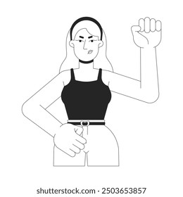 Fist up feminista caucásica femenina en blanco y negro 2D línea personaje de dibujos animados. Mujer rubia en la persona aislada del contorno del Vector de la marcha de protesta. Joven manifestante. Ilustración de punto monocromático del feminismo