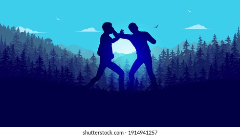 Fist fight outdoors - Silhouette of two men fighting with forest in background. Vector illustration.