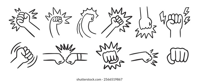  fist and fight related doodle hand drawn icon set. Outline drawing fist and fight related line clipart symbol collection. Vector illustration