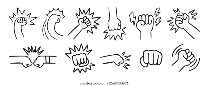  fist and fight related doodle hand drawn icon set. Outline drawing fist and fight related line clipart symbol collection. Vector illustration