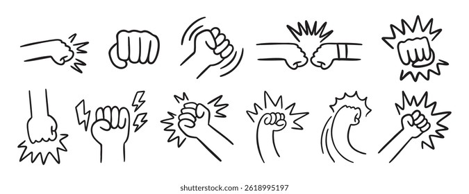  Punho e luta relacionado doodle mão desenhado ícone set. Coleção de símbolos de clipart de linha relacionados a luta e desenho de contorno. Ilustração vetorial