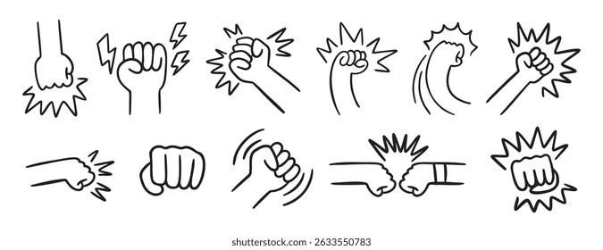  Punho e luta relacionado doodle mão desenhado ícone set. Coleção de símbolos de clipart de linha relacionados a luta e desenho de contorno. Ilustração vetorial