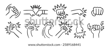  fist and fight related doodle hand drawn icon set. Outline drawing fist and fight related line clipart symbol collection. Vector illustration