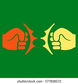 Fist Fight vector icon. Flat bicolor orange and yellow symbol. Pictogram is isolated on a green background. Designed for web and software interfaces.