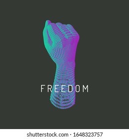Puño. Concepto de lucha y libertad. Brazo humano. Estructura de conexión. Ilustración vectorial 3D.