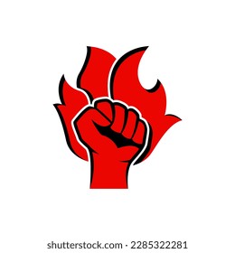 Fist and fire emblem isolated. Hand clenched power strength icon symbol. Vector illustration