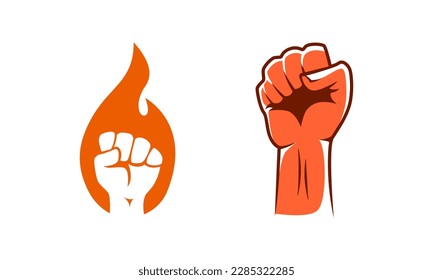 Fist and fire emblem isolated. Hand clenched power strength icon symbol. Vector illustration