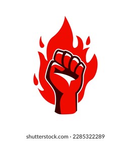 Fist and fire emblem isolated. Hand clenched power strength icon symbol. Vector illustration