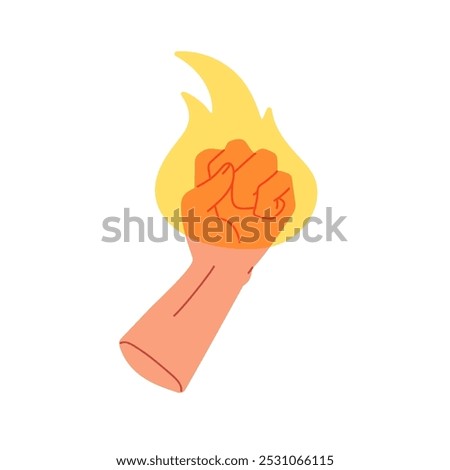Fist in fire, power and strength symbol. Clenched sign, rebellion hand. Burning flame, protest, force and resistance. Aggressive gesture. Flat vector illustration isolated on white background