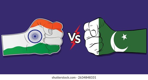 fist with flags of india and Pakistan.india pakistan conflict illustration. oncept of trade war, fight or war on border between india and pakistan. Vector illustration.