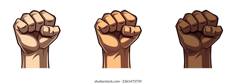 Fist up in flat style. Set of multi-colored hands in a fist isolated. Vector illustration