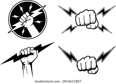 Fist grasping electric bolt signifies strength raw power and dynamic energy. Ideal for branding emblems and motivational themes.