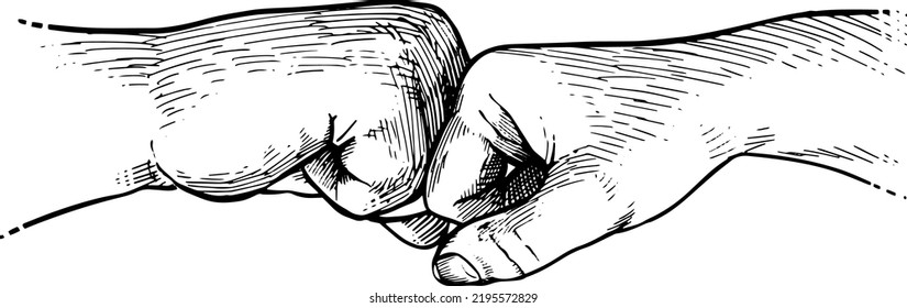 Fist to fist, greeting gesture. Language with the hands. Black and white vector illustration on white background
