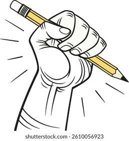fist gripping pencil on white background