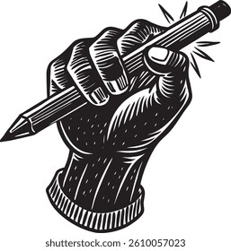 Fist gripping pencil silhouette vector isolated on white background