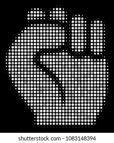 Fist halftone vector icon. Illustration style is dotted iconic fist symbol on a black background. Halftone structure is constructed of circle cells.
