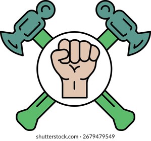 A fist with a hammer and an anvil in the background. The fist is raised in a fist pump