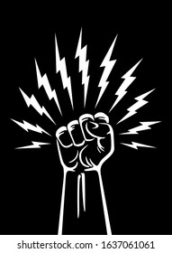 Fist Hand Up With Around Thunder Lightning Bolts Bursting Strike Vector. Raised male hand as a fist power gesture