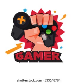 fist hand with gamer joy stick. typographic design. game lover concept - vector illustration