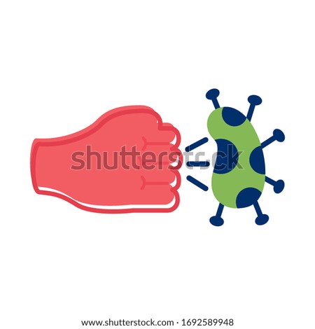fist hand hitting covid 19 particle flat style icon vector illustration design
