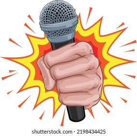 A fist hand holding a microphone in a comic book pop art cartoon illustration style. With an explosion in the background