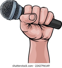 A fist hand holding a microphone in a comic book pop art cartoon illustration style