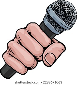 A fist hand holding a microphone in a comic book pop art cartoon illustration style