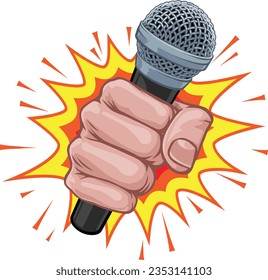 A fist hand holding a microphone in a comic book pop art cartoon illustration style. With an explosion in the background