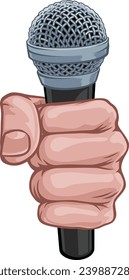 A fist hand holding a microphone in a comic book pop art cartoon illustration style