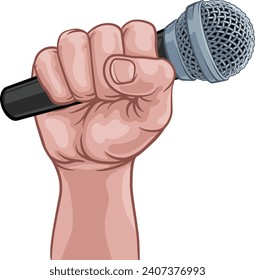 A fist hand holding a microphone in a comic book pop art cartoon illustration style