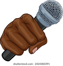 A fist hand holding a microphone in a comic book pop art cartoon illustration style