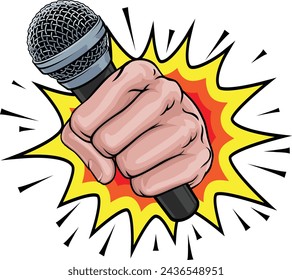 A fist hand holding a microphone in a comic book pop art cartoon illustration style. With an explosion in the background