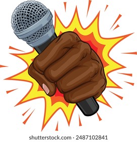 A fist hand holding a microphone in a comic book pop art cartoon illustration style. With an explosion in the background