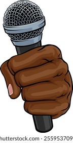 A fist hand holding a microphone in a comic book pop art cartoon illustration style