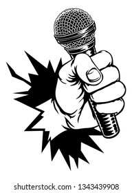 A fist hand holding a microphone or mic and breaking through the background or wall in a vintage intaglio woodcut engraved or retro propaganda style