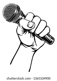 A Fist Hand Holding A Microphone Or Mic In A Vintage Intaglio Woodcut Engraved Or Retro Propaganda Style