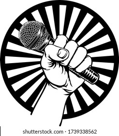 A Fist Hand Holding A Microphone Or Mic In A Vintage Intaglio Woodcut Engraved Or Retro Propaganda Style