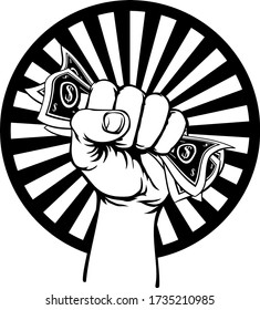 A fist hand holding money in the form of cash paper dollar bills in a vintage intaglio woodcut engraved or retro propaganda style