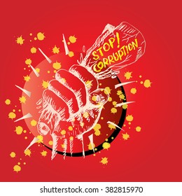 Fist hand holding paper with text "Stop! Corruption. Poster concept. Hand drawing vector illustration