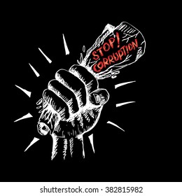 Fist hand holding paper with text "Stop! Corruption. Poster concept. Hand drawing vector illustration