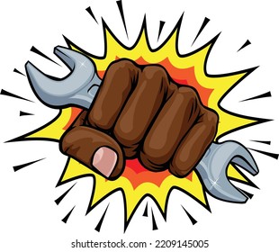 A fist hand holding a wrench or spanner in a comic book pop art cartoon illustration style. With an explosion in the background