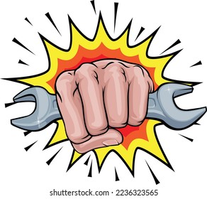A fist hand holding a wrench or spanner in a comic book pop art cartoon illustration style. With an explosion in the background
