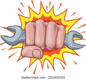 A fist hand holding a wrench or spanner in a comic book pop art cartoon illustration style. With an explosion in the background