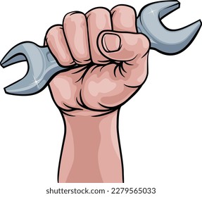 A fist hand holding a wrench or spanner in a comic book pop art cartoon illustration style. 