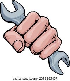 A fist hand holding a wrench or spanner in a comic book pop art cartoon illustration style. 