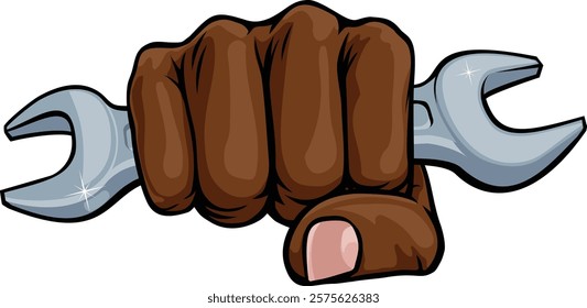 A fist hand holding a wrench or spanner in a comic book pop art cartoon illustration style. 