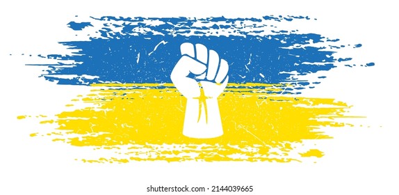 Fausthandsymbol. Männlich klammerte Faust. Logo. Die Flagge der Ukraine. Hör auf zu Krieg. Revolution, Freiheit oder Machtzeichen. Abstraktes Führungskonzept. Proletarisches Protestsymbol.