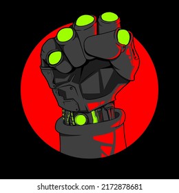 fist hand illustration with japanese red circle background illustration. Robot t-shirt design boxing boom theme